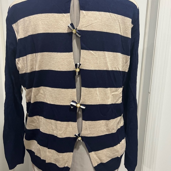 Striped sweater with blouse underlay and bow button back - Picture 3 of 4